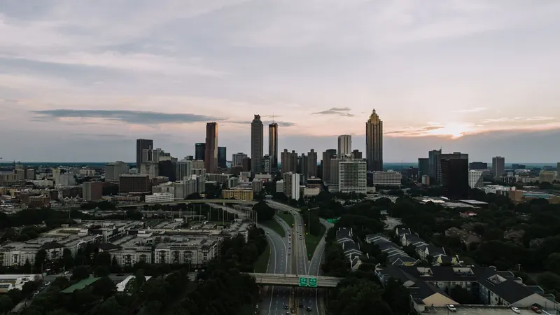Aerial view of the Atlanta skyline at dusk