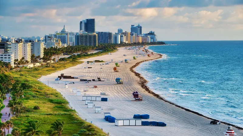 Aerial view of Miami Beach with the skyline and ocean