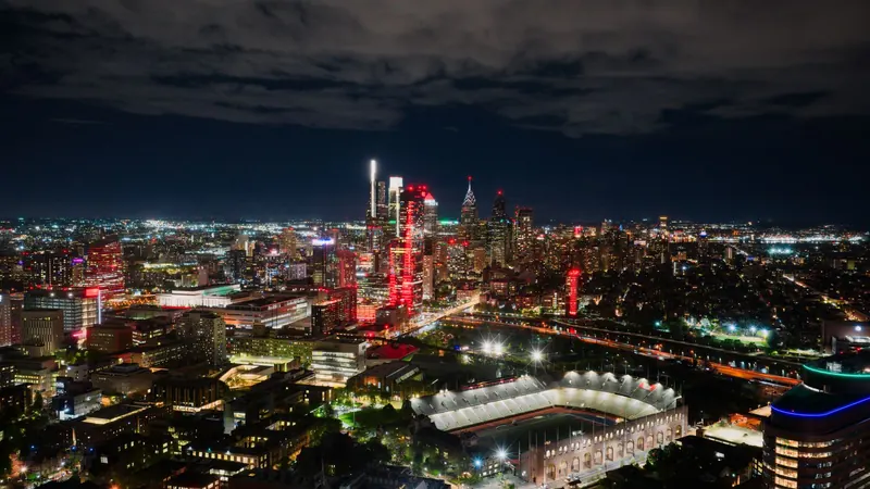 Aerial view of Philadelphia's illuminated skyline at night